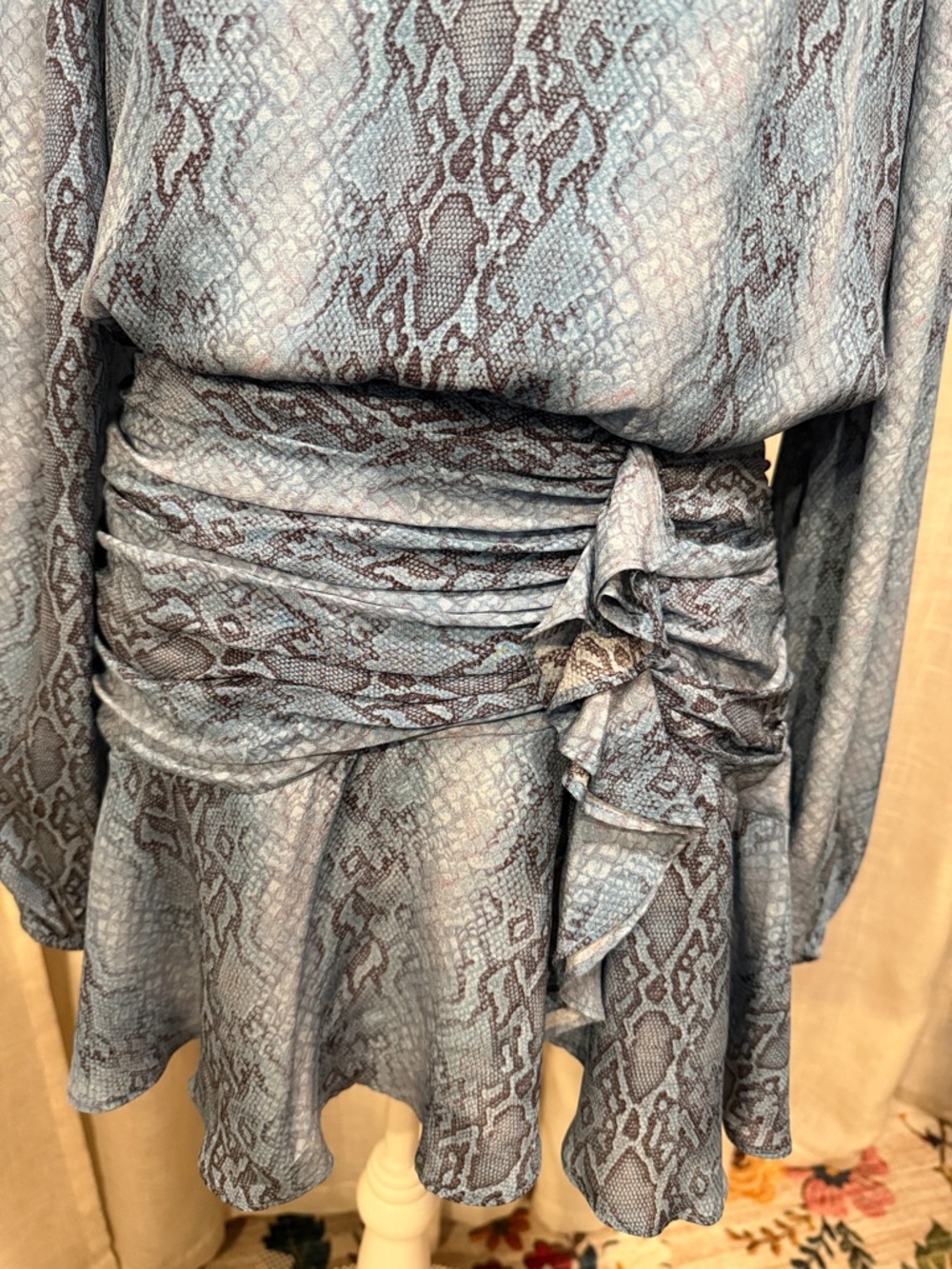 Ramy Brook Silk Snake Print Mini Dress Blue Gray Long Sleeve Ruched Waist - Picture 3 of 16